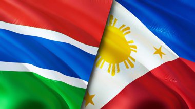 Gambiya ve Filipinler bayrakları. 3 boyutlu dalgalanan bayrak tasarımı. Gambiya Filipinleri bayrağı, resim, duvar kağıdı. Gambiya Filipinler 'e karşı, görüntü 3 boyutlu. Gambiya Filipinler İttifakı