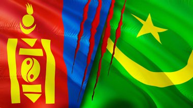 Yara izi olan Moğolistan ve Moritanya bayrakları. Dalgalanan bayrak, 3 boyutlu görüntüleme. Moğolistan ve Moritanya çatışma konsepti. Moğolistan Moritanya ilişkileri kavramı. Moğolistan ve Moritani bayrağı