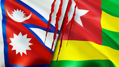 Yara izi olan Nepal ve Togo bayrakları. Dalgalanan bayrak, 3 boyutlu görüntüleme. Nepal ve Togo çatışma konsepti. Nepal Togo ilişkileri konsepti. Nepal ve Togo krizi bayrağı, savaş, saldırı konsepti