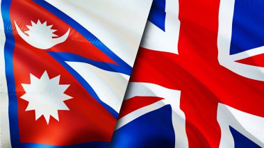 Nepal ve Birleşik Krallık bayrakları. 3 boyutlu dalgalanan bayrak tasarımı. Nepal Birleşik Krallık bayrağı, resim, duvar kağıdı. Nepal, Birleşik Krallık 'a karşı, görüntü 3 boyutlu. Nepal Birleşik Krallık ilişkileri bir