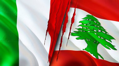 İtalya ve Lübnan bayraklarında yara izi var. Dalgalanan bayrak, 3 boyutlu görüntüleme. İtalya ve Lübnan çatışma konsepti. İtalya Lübnan ilişkileri kavramı. İtalya ve Lübnan bayrağı krizi, savaş, saldırı konsepti