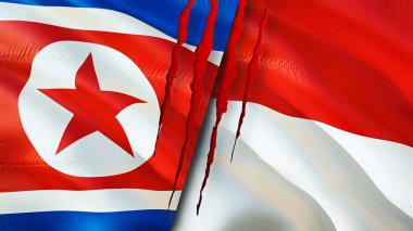 Kuzey Kore ve Endonezya bayraklarında yara izi var. Dalgalanan bayrak, 3 boyutlu görüntüleme. Kuzey Kore ve Endonezya çatışma konsepti. Kuzey Kore Endonezya ilişkileri kavramı. Kuzey Kore ve Endonesi bayrağı