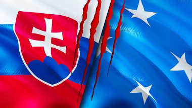 Slovakya ve Mikronezya yara izi olan bayraklar. Dalgalanan bayrak, 3 boyutlu görüntüleme. Slovakya ve Mikronezya çatışma konsepti. Slovakya Mikronezya ilişkileri kavramı. Slovakya ve Mikronesi bayrağı