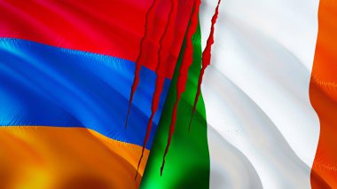 Yara izi olan Ermenistan ve İrlanda bayrakları. Dalgalanan bayrak, 3 boyutlu görüntüleme. Ermenistan ve İrlanda çatışma konsepti. Ermenistan İrlanda ilişkileri kavramı. Ermenistan bayrağı ve İrlanda krizi, savaş, saldırı konsepti