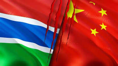 Gambiya ve Çin yara izi olan bayraklar. Dalgalanan bayrak, 3 boyutlu görüntüleme. Gambiya ve Çin çatışma konsepti. Gambiya Çin ilişkileri kavramı. Gambiya ve Çin krizi bayrağı, savaş, saldırı konsepti