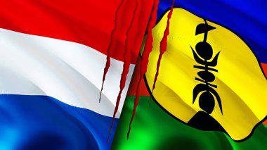 Hollanda ve Yeni Kaledonya bayraklarında yara izi var. Dalgalanan bayrak, 3 boyutlu görüntüleme. Hollanda ve Yeni Kaledonya çatışma konsepti. Hollanda Yeni Kaledonya ilişkileri kavramı. Hollanda bayrağı