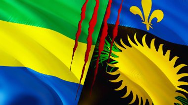 Gabon ve Guadeloupe yara izi olan bayraklar. Dalgalanan bayrak, 3 boyutlu görüntüleme. Gabon ve Guadeloupe çatışma konsepti. Gabon Guadeloupe ilişkileri kavramı. Gabon bayrağı ve Guadeloupe krizi, savaş, attac