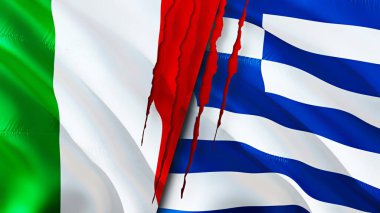 İtalya ve Yunanistan yara izi kavramına sahip bayraklar. Dalgalanan bayrak, 3 boyutlu görüntüleme. İtalya ve Yunanistan ihtilaf konsepti. İtalya-Yunanistan ilişkileri kavramı. İtalya ve Yunanistan bayrağı kriz, savaş, saldırı konsepti