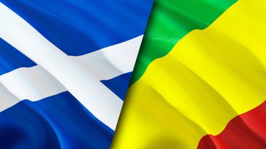 İskoçya ve Kongo bayrakları. 3 boyutlu dalgalanan bayrak tasarımı. İskoçya Kongo bayrağı, resim, duvar kağıdı. İskoçya, Kongo 'ya karşı imajı, 3D görüntüsü. İskoçya Kongo ilişkileri ittifak ve ticaret, seyahat, turizm konsepti