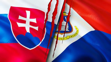 Slovakya ve yara izi olan Sint Maarten bayrakları. Dalgalanan bayrak, 3 boyutlu görüntüleme. Slovakya ve Sint Maarten çatışma konsepti. Slovakya Sint Maarten ilişkileri kavramı. Slovakya bayrağı ve Sint Maarte