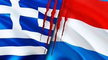 Yunanistan ve Lüksemburg bayraklarında yara izi var. Dalgalanan bayrak, 3 boyutlu görüntüleme. Yunanistan ve Lüksemburg ihtilaf kavramı. Yunanistan Lüksemburg ilişkileri kavramı. Yunanistan bayrağı ve Lüksemburg krizi, savaş, attac