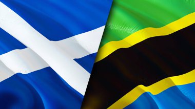 İskoçya ve Tanzanya bayrakları. 3 boyutlu dalgalanan bayrak tasarımı. Scotland Tanzanya bayrağı, resim, duvar kağıdı. İskoçya, Tanzanya 'ya karşı, görüntü 3 boyutlu. İskoçya Tanzanya ilişkileri ittifak ve ticaret, seyahat, turnuva