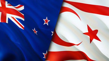 Yeni Zelanda ve Kıbrıs Türk bayrakları. 3 boyutlu dalgalanan bayrak tasarımı. Yeni Zelanda Kıbrıs Türk bayrağı, resmi, duvar kağıdı. Yeni Zelanda, Kıbrıs Türk imajına karşı, 3D görüntüleme. Yeni Zelanda KKKTC