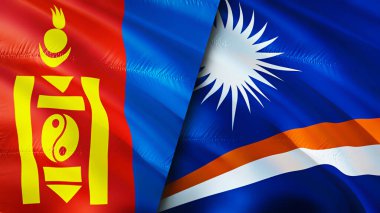 Moğolistan ve Marshall Adaları bayrakları. 3 boyutlu dalgalanan bayrak tasarımı. Moğolistan Marshall Adaları bayrağı, resim, duvar kağıdı. Moğolistan, Marshall Adaları 'na karşı. Görüntü 3 boyutlu. Moğolistan Marshall Adaları ilişkisi