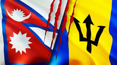 Nepal ve Barbados yara izi olan bayraklar. Dalgalanan bayrak, 3 boyutlu görüntüleme. Nepal ve Barbados çatışma konsepti. Nepal Barbados ilişkileri kavramı. Nepal ve Barbados bayrağı krizi, savaş, saldırı konsepti