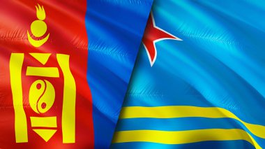 Moğolistan ve Aruba bayrakları. 3 boyutlu dalgalanan bayrak tasarımı. Moğolistan Aruba bayrağı, resim, duvar kağıdı. Moğolistan, Aruba 'ya karşı, görüntü 3 boyutlu. Moğolistan Aruba ilişkileri ittifak ve ticaret, seyahat, turizm konsepti