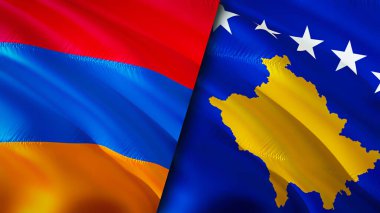 Ermenistan ve Kosova bayrakları. 3 boyutlu dalgalanan bayrak tasarımı. Ermenistan Kosova bayrağı, resim, duvar kağıdı. Ermenistan, Kosova 'nın imajına karşı, 3D görüntüleme. Ermenistan Kosova ilişkileri ittifak ve Ticaret, seyahat ve turizm