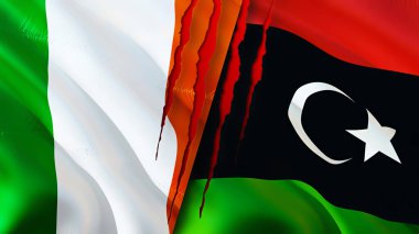 Yara izi olan İrlanda ve Libya bayrakları. 3D bayrak sallama. İrlanda ve Libya çatışma konsepti. İrlanda Libya ilişkileri kavramı. İrlanda bayrağı ve Libya krizi, savaş, saldırı konsepti