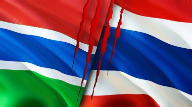 Gambiya ve Tayland bayraklarında yara izi var. Dalgalanan bayrak, 3 boyutlu görüntüleme. Gambiya ve Tayland çatışma konsepti. Gambiya Tayland ilişkileri kavramı. Gambiya bayrağı ve Tayland krizi, savaş, saldırı konsepti