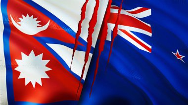 Yara izi olan Nepal ve Yeni Zelanda bayrakları. Dalgalanan bayrak, 3 boyutlu görüntüleme. Nepal ve Yeni Zelanda çatışma konsepti. Nepal Yeni Zelanda ilişkileri kavramı. Nepal ve Yeni Zelanda bayrağı krizi, savaş, attac