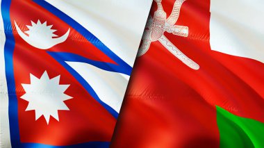 Nepal ve Umman bayrakları. 3 boyutlu dalgalanan bayrak tasarımı. Nepal Umman bayrağı, resim, duvar kağıdı. Nepal, Umman 'a karşı imajı, 3 boyutlu görüntüleme. Nepal Oman ilişkileri ittifak ve ticaret, seyahat, turizm konsepti