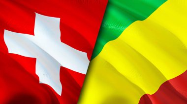 İsviçre ve Kongo bayrakları. 3 boyutlu dalgalanan bayrak tasarımı. İsviçre Kongo bayrağı, resim, duvar kağıdı. İsviçre, Kongo 'ya karşı, görüntü 3 boyutlu. İsviçre Kongo ilişkileri ittifak ve ticaret, seyahat, turnuva