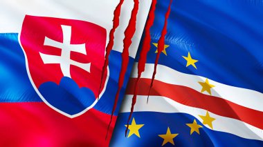 Slovakya ve Cape Verde bayraklarında yara izi var. Dalgalanan bayrak, 3 boyutlu görüntüleme. Slovakya ve Cape Verde çatışma konsepti. Slovakya Burnu Verde ilişkileri kavramı. Slovakya ve Cape Verd bayrağı