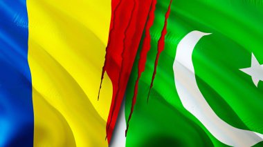 Romanya ve Pakistan yara izi kavramına sahip bayraklar. Dalgalanan bayrak, 3 boyutlu görüntüleme. Romanya ve Pakistan ihtilaf konsepti. Romanya Pakistan ilişkileri kavramı. Romanya ve Pakistan krizi bayrağı, savaş, attac