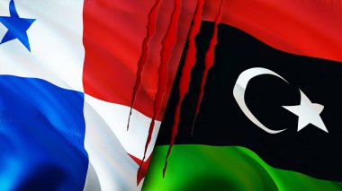 Panama ve Libya bayraklarında yara izi var. Dalgalanan bayrak, 3 boyutlu görüntüleme. Panama ve Libya çatışma konsepti. Panama Libya ilişkileri kavramı. Panama ve Libya krizi bayrağı, savaş, saldırı konsepti