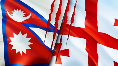Yara izi olan Nepal ve Georgia bayrakları. Dalgalanan bayrak, 3 boyutlu görüntüleme. Nepal ve Georgia çatışma konsepti. Nepal Georgia ilişkileri kavramı. Nepal ve Gürcistan bayrağı krizi, savaş, saldırı konsepti
