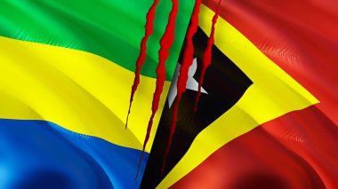 Gabon ve Doğu Timor yara izi olan bayraklar. Dalgalanan bayrak, 3 boyutlu görüntüleme. Gabon ve Doğu Timor çatışma konsepti. Gabon Doğu Timor ilişkileri kavramı. Gabon bayrağı ve Doğu Timor krizi, savaş, attac
