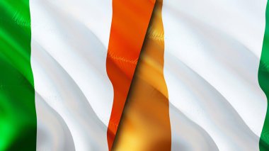 İrlanda ve Fildişi Sahili bayrakları. 3 boyutlu dalgalanan bayrak tasarımı. İrlanda Fildişi Bayrağı, resim, duvar kağıdı. İrlanda, Cote d 'Ivoire' a karşı görüntü, 3D görüntüleme. İrlanda Fildişi Sahili Savaş İttifakı