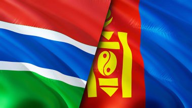 Gambiya ve Moğolistan bayrakları. 3 boyutlu dalgalanan bayrak tasarımı. Gambiya Moğolistan bayrağı, resim, duvar kağıdı. Gambiya Moğolistan 'a karşı, görüntü 3 boyutlu. Gambiya Moğolistan ilişkileri ittifak ve ticaret, seyahat, turizm konsepti