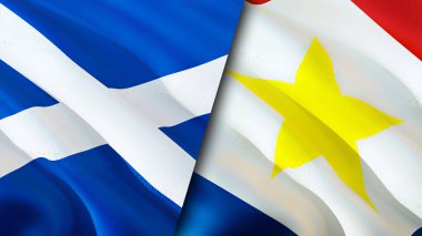 İskoçya ve Saba adası bayrakları. 3 boyutlu dalgalanan bayrak tasarımı. Scotland Saba adası bayrağı, resim, duvar kağıdı. İskoçya, Saba Adası 'na karşı, görüntü 3 boyutlu. İskoçya Saba Adası ilişkileri