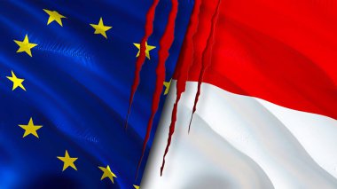 Yara izi olan Avrupa Birliği ve Monako bayrakları. Dalgalanan bayrak, 3 boyutlu görüntüleme. Avrupa Birliği ve Monako çatışma konsepti. Avrupa Birliği Monako ilişkileri kavramı. Avrupa Birliği ve Monac bayrağı