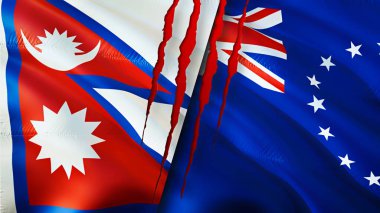 Nepal ve Cook Adaları yara izi olan bayraklar. Dalgalanan bayrak, 3 boyutlu görüntüleme. Nepal ve Cook Adaları çatışma konsepti. Nepal Cook Adaları ilişkileri kavramı. Nepal ve Cook Adaları bayrağı krizi, savaş