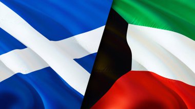 İskoçya ve Kuveyt bayrakları. 3 boyutlu dalgalanan bayrak tasarımı. İskoçya Kuveyt bayrağı, resim, duvar kağıdı. İskoçya Kuveyt 'e karşı, görüntü 3D. İskoçya Kuveyt ilişkileri ittifak ve ticaret, seyahat, turizm konsepti