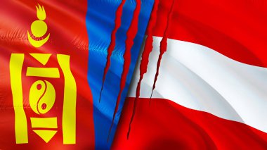 Moğolistan ve Avusturya yara izi kavramına sahip bayraklar. Dalgalanan bayrak, 3 boyutlu görüntüleme. Moğolistan ve Avusturya çatışma konsepti. Moğolistan Avusturya ilişkileri kavramı. Moğolistan bayrağı ve Avusturya krizi, savaş, attac