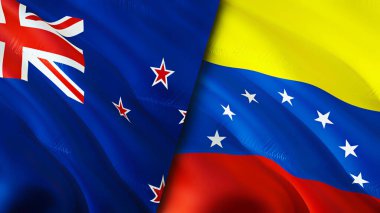 Yeni Zelanda ve Venezuela bayrakları. 3 boyutlu dalgalanan bayrak tasarımı. Yeni Zelanda Venezuela bayrağı, resim, duvar kağıdı. Yeni Zelanda, Venezuela 'ya karşı, görüntü 3 boyutlu. Yeni Zelanda Venezuela ilişkileri savaş ittifakı