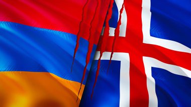 Yara izi olan Ermenistan ve İzlanda bayrakları. Dalgalanan bayrak, 3 boyutlu görüntüleme. Ermenistan ve İzlanda çatışma konsepti. Ermenistan İzlanda ilişkileri kavramı. Ermenistan bayrağı ve İzlanda krizi, savaş, saldırı konsepti