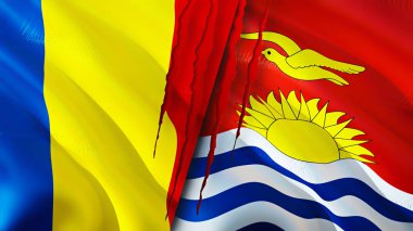 Romanya ve Kiribati yara izi kavramına sahip bayraklar. Dalgalanan bayrak, 3 boyutlu görüntüleme. Romanya ve Kiribati çatışma konsepti. Romanya Kiribati ilişkileri kavramı. Romanya bayrağı ve Kiribati krizi, savaş, attac