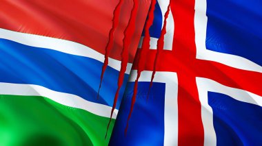 Gambiya ve İzlanda yara izi olan bayraklar. Dalgalanan bayrak, 3 boyutlu görüntüleme. Gambiya ve İzlanda çatışma konsepti. Gambiya İzlanda ilişkileri kavramı. Gambiya bayrağı ve İzlanda krizi, savaş, saldırı konsepti