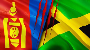 Yara izi olan Moğolistan ve Jamaika bayrakları. Dalgalanan bayrak, 3 boyutlu görüntüleme. Moğolistan ve Jamaika çatışma konsepti. Moğolistan Jamaika ilişkileri kavramı. Moğolistan ve Jamaika bayrağı krizi, savaş, attac