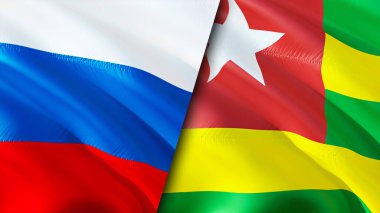 Rusya ve Togo bayrakları. 3 boyutlu dalgalanan bayrak tasarımı. Rusya Togo bayrağı, resim, duvar kağıdı. Rusya Togo 'ya karşı, görüntü 3 boyutlu. Rusya Togo ilişkileri ittifak ve ticaret, seyahat, turizm konsepti