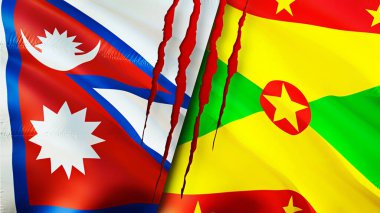 Yara izi olan Nepal ve Grenada bayrakları. Dalgalanan bayrak, 3 boyutlu görüntüleme. Nepal ve Grenada çatışma konsepti. Nepal Grenada ilişkileri kavramı. Nepal ve Grenada krizi bayrağı, savaş, saldırı konsepti
