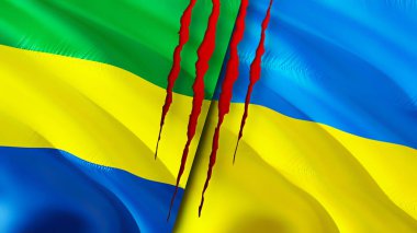 Gabon ve Ukrayna bayrakları yara izi konseptiyle. Dalgalanan bayrak, 3 boyutlu görüntüleme. Gabon ve Ukrayna çatışma konsepti. Gabon Ukrayna ilişkileri kavramı. Gabon bayrağı ve Ukrayna krizi, savaş, saldırı konsepti