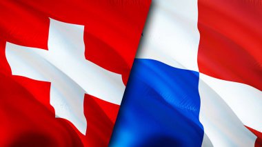 İsviçre ve Panama bayrakları. 3 boyutlu dalgalanan bayrak tasarımı. İsviçre Panama bayrağı, resim, duvar kağıdı. İsviçre, Panama 'ya karşı, görüntü 3 boyutlu. İsviçre Panama ilişkileri ittifakı