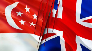 Singapur ve Birleşik Krallık bayrakları yara izi konseptiyle. Dalgalanan bayrak, 3 boyutlu görüntüleme. Singapur ve Birleşik Krallık çatışma konsepti. Singapur Birleşik Krallık ilişkileri kavramı. Singapur bayrağı