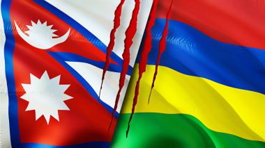 Yara izi olan Nepal ve Mauritius bayrakları. Dalgalanan bayrak, 3 boyutlu görüntüleme. Nepal ve Mauritius çatışma konsepti. Nepal Mauritius ilişkileri kavramı. Nepal ve Mauritius bayrağı kriz, savaş, saldırı konsepti