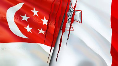 Yara izi olan Singapur ve Malta bayrakları. Dalgalanan bayrak, 3 boyutlu görüntüleme. Singapur ve Malta çatışma konsepti. Singapur Malta ilişkileri kavramı. Singapur ve Malta bayrağı kriz, savaş, saldırı konsepti